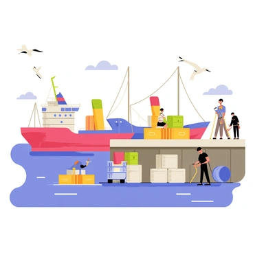 One half of the board depicts a busy harbor scene. The harbor is filled with various colorful ships, including a large red cargo ship and a small blue fishing boat. Seagulls are flying above, their wings spread wide as they circle over the water. The water is a vibrant blue, reflecting the sky. On the docks, there are crates and barrels, and a few dock workers are seen loading and unloading cargo. The harbor is bustling with activity, creating a lively atmosphere.