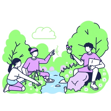 A group of three children is exploring a natural environment filled with various plants and animals. One child is kneeling down, examining a small green plant closely with a magnifying glass, while another child is pointing excitedly at a colorful butterfly fluttering nearby. The third child is sitting on a large rock, sketching the scene in a notebook. Surrounding them are trees with thick green foliage, and patches of grass interspersed with wildflowers. In the background, there is a small stream with visible rocks and some fish swimming. The sky above is clear, allowing sunlight to filter through the leaves.