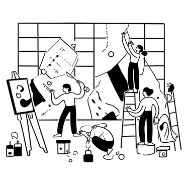 Artists using brushes to paint a large mural on the agency's office wall. The mural features various abstract shapes and intricate patterns. There are multiple easels set up with paint palettes displayed on them. In the foreground, paint cans and brushes are scattered around. The office space includes large windows letting in light, illuminating the workspace. The artists are engaged in their work, with one artist standing on a ladder reaching up to a high section of the mural.