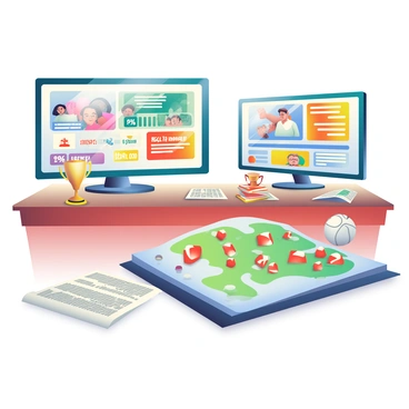 A sports news desk is set up with a large, polished wood table, covered with various sports memorabilia. There are two monitors displaying the latest updates on local teams and their achievements, with colorful graphics and statistics. In the foreground, a vibrant map shows the locations of the teams with markers indicating their home cities. A small trophy rests on the table, symbolizing recent victories. Several newspapers are scattered around, featuring articles and headlines about the local teams. Bright lights illuminate the desk, creating a dynamic and engaging atmosphere.