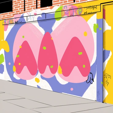 A vibrant street mural featuring bold labia designs surrounded by urban elements.