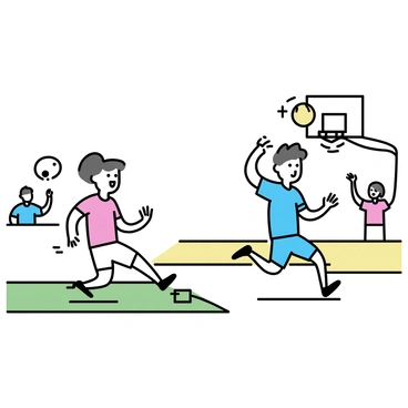 A soccer player in a red jersey is kicking a ball towards a goal, while a basketball player in a blue jersey is jumping to shoot a ball into a hoop. The soccer field features green grass, and the basketball court has wooden flooring. The athletes are in motion, showcasing their muscles and expressions of concentration. Surrounding them are cheering fans, depicted as small silhouettes in the background.