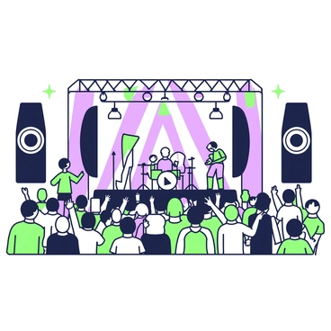 A concrete concert venue is packed with a lively crowd. The audience is standing, some are raising their hands in excitement, while others are dancing. A stage is positioned at the front, where musicians are playing instruments. Bright lights illuminate the stage, casting dynamic shadows across the crowd. The venue has large speakers on either side, and colorful banners hang from the ceiling. In the background, there are enthusiastic fans holding up their mobile phones to capture the moment.