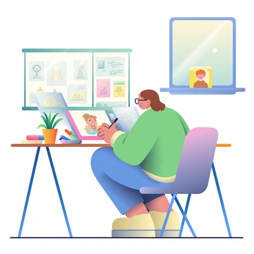 An animator with light brown hair and glasses is seated at a large wooden table in a creative studio. The table is covered with sketches and storyboards for a new animated film. The animator is happily drawing on a tablet with a stylus in their right hand and has a stack of colorful markers nearby. On the wall behind them, there are various pinned character sketches and inspiration artworks. A window allows natural light to flood the room, illuminating a potted plant on the table and casting soft shadows around the studio.