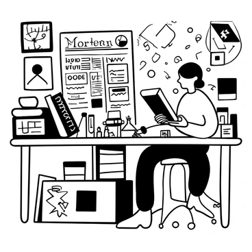 An artist sitting at a large drawing table, focused on creating a front page layout for a newspaper. The table is cluttered with various tools, including pencils, brushes, and sheets of paper. On the table, there is a partially completed sketch with various headlines and images. The artist is surrounded by stacks of newspapers and reference materials. A large sketchbook rests open, showing thumbnails of ideas and concepts. The walls of the room are adorned with framed illustrations and clippings.