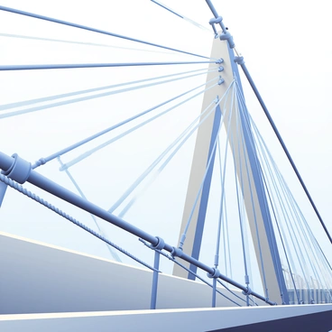 A close-up view of a suspension bridge's mechanical cables and supports is displayed. The thick steel cables are arranged in a crisscross pattern, showcasing their strength and tension. The cables are anchored firmly to massive concrete pillars on either side of the bridge. Below, the intricate system of smaller support cables runs diagonally, connecting to the main cables. The surface of the bridge is made of reinforced concrete, with visible grooves and wear from use. The sky above is clear, allowing sunlight to reflect off the metal surfaces, highlighting the bridge's engineering details.