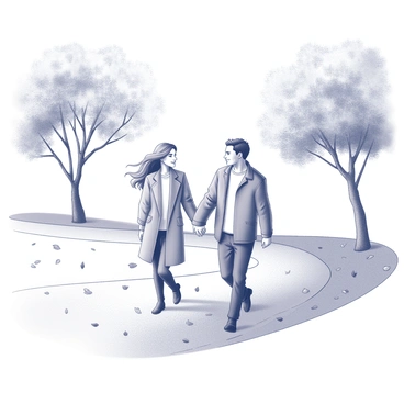 A couple is walking hand in hand along a winding path in a park. The scene features trees with a variety of leaves scattered across the ground, indicating the autumn season. The couple is dressed in light outerwear suitable for the cooler weather. The woman has long hair flowing gently in the breeze, while the man has short hair and is looking at her with a smile. They both appear to be enjoying their time together in this picturesque setting.