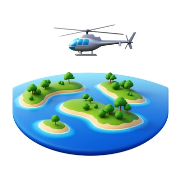 An R66 helicopter hovering in mid-air, showing the underside and rotor blades in detail. Below, a wide river delta stretches out, with multiple branches of water splitting and flowing into the sea. The delta features lush green vegetation and clusters of trees, interspersed with sandy banks. The water of the river is a deep blue, contrasting with the vibrant greenery of the landscape. The sky is clear, allowing for bright sunlight to illuminate the scene, creating dynamic shadows on the ground.