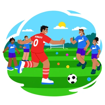 A scene featuring "Anime Ronaldo" demonstrating soccer skills at a youth soccer camp. He is wearing a vibrant red jersey with his name on the back in bold white letters. Surrounding him are excited children of diverse ethnicities, all wearing matching blue jerseys. They are eagerly watching Ronaldo as he performs tricks, showcasing his exceptional footwork. Colorful soccer balls are scattered around the field, and a bright sun shines down, illuminating the joyful expressions on the children's faces. In the background, there are goalposts and a clear blue sky.