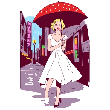 A red polka-dot umbrella is held above "Marilyn Monroe," who is standing gracefully on a rainy city street. She is wearing a classic white dress that billows around her legs, reflecting her iconic style. Rain is gently falling around her, creating a glistening effect on the pavement below. The city buildings in the background are slightly blurred, adding depth to the scene, while colorful neon lights reflect off the wet streets. Marilyn's expression is confident, as she gazes thoughtfully into the distance, embodying timeless elegance in this urban setting.