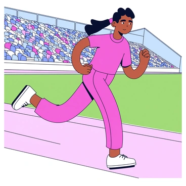 An athlete wearing a bright red uniform and white running shoes is sprinting on a professional track. The track is marked with white lines and surrounded by green grass. In the background, there are stadium seats filled with spectators. The athlete's face shows intense concentration as they push forward. The sun casts shadows on the track, highlighting the athlete's dynamic movement.