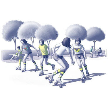 A group of teenagers roller skating in a park. They are wearing colorful 1970s striped tube socks that reach their knees, paired with vintage t-shirts featuring bold graphics. The scene captures the dynamic movement of the skaters as they glide across the pavement, with some friends playfully racing each other. Trees line the background, providing shade and a sense of the outdoors. Nearby, a picnic area is visible with others enjoying snacks and drinks, contributing to the lively atmosphere of the park.