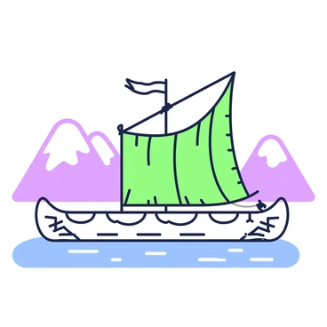 A unique design showcases an Inuit canoe floating on calm waters. The canoe is constructed from wood, displaying intricate carvings along the sides. A makeshift sail, crafted from furs, is rigged above the canoe, billowing gently in the breeze. The sail is secured with rope and features a textured surface that emphasizes the natural materials used. In the background, snow-capped mountains rise against a clear sky, while the water reflects the shapes of the canoe and the sail. The scene captures the essence of traditional Inuit craftsmanship and their connection to nature.