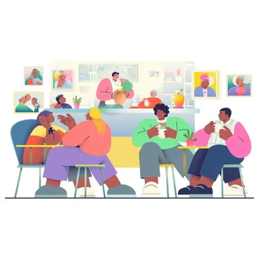 A cozy café is set inside an art gallery, featuring soft, warm lighting that enhances the inviting atmosphere. Patrons of diverse backgrounds are seated at small wooden tables, sipping coffee from elegant ceramic mugs. Some patrons are engaged in lively conversations, while others are quietly admiring the artwork on the walls. Various colorful paintings and sculptures are displayed throughout the gallery, creating a rich visual environment. A barista with medium skin and curly hair is behind the counter, pouring coffee into a cup. A small potted plant sits on each table, adding a touch of greenery to the space.