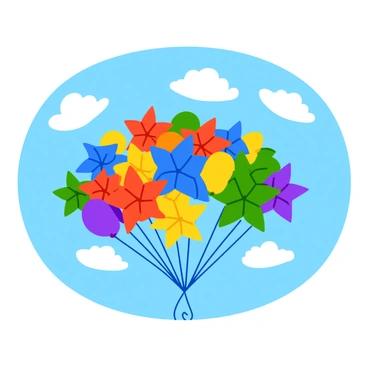 A cluster of colorful pinwheels spinning joyfully, each with distinct vibrant patterns. Each pinwheel is firmly tied to a group of floating balloons, showcasing a variety of bright colors like red, blue, yellow, and green. The balloons are gently bobbing in a clear blue sky filled with a few soft, fluffy white clouds. The scene captures a sense of cheerful whimsy as the pinwheels and balloons sway together in the light breeze.