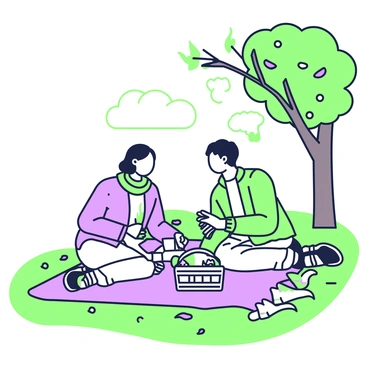 A romantic couple is having a picnic on a blanket spread out on the grass in a park. The couple consists of a man and a woman sitting close together, sharing a basket filled with food and drinks. The man is wearing a light jacket and jeans, while the woman is dressed in a cozy sweater and a scarf. They are both smiling and looking at each other. 

Surrounding them, there are trees with leaves in various states of falling, scattered across the ground, creating a vibrant carpet. A nearby tree with a sturdy trunk has branches that reach out, displaying some leaves still clinging on. In the background, a clear sky is visible through the branches, enhancing the atmosphere of the moment.