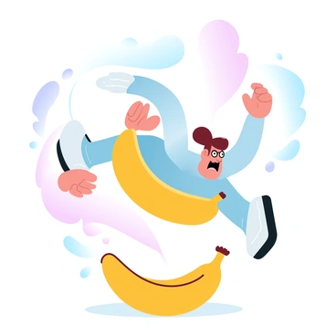 A cartoon character is slipping comically on a bright yellow banana peel. The character has exaggerated features and is in a dynamic pose with arms flailing. The background is filled with a gradient of pastel colors, enhancing the playful scene. The banana peel is prominently placed on the ground, showcasing its glossy surface. There are small motion lines around the character to emphasize the sudden slip, adding to the humor of the moment.