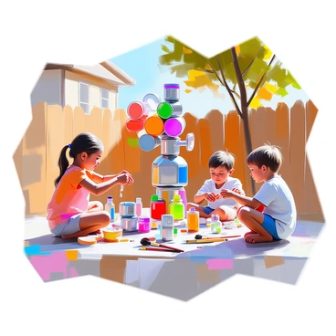 A group of children is engaged in creating art sculptures using recycled materials in a neighborhood yard. The children, featuring a mix of diverse ethnic backgrounds, are surrounded by an assortment of colorful bottles, cans, and cardboard boxes. One child is gluing together plastic bottle caps to form a whimsical flower, while another is stacking tin cans to build a tall robot figure. In the background, a wooden fence encloses the yard, and a few trees provide shade. Scattered around are brushes, paints, and other craft supplies, reflecting a vibrant and creative atmosphere.