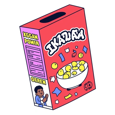 A rectangular cereal box with a bright red color and a glossy finish. The front of the box features playful illustrations of animated cereal pieces, including colorful puffs in various shapes. The branding is bold and colorful, with the name of the cereal in large, whimsical letters at the top. There are confetti-like graphics scattered around the illustrations, adding to the playful theme. The sides of the box showcase nutritional information and another fun illustration of a cartoon character enjoying the cereal.