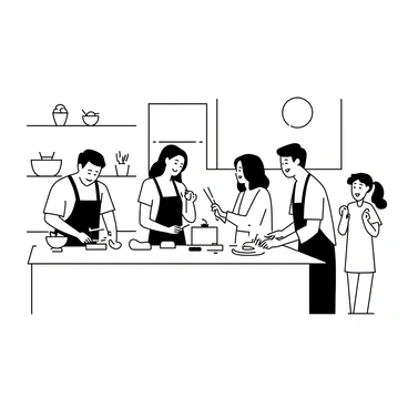 A family gathered around a large kitchen island, preparing a meal together. There are four members: a father wearing an apron, chopping vegetables; a mother stirring a pot on the stove; a teenage daughter measuring ingredients with a smile; and a younger son rolling out dough. The kitchen is filled with cooking tools and fresh ingredients. They are laughing and chatting, creating a warm and lively atmosphere.