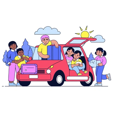 A family consisting of four members is packing a car for a holiday road trip. The car is a compact model with a hatchback design and is painted in bright red. The father is placing a large blue suitcase into the open trunk, while the mother is securing a backpack next to it. Two children, a boy and a girl, are holding smaller bags and are smiling. The background includes a sunny sky with a few fluffy clouds. There are trees in the distance, suggesting a rural setting.