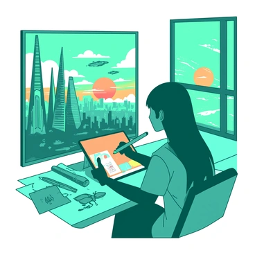 A teal digital artist is focused on their tablet, using a stylus to create an illustration of a futuristic cityscape. The artist is seated at a sleek, modern desk, with a vibrant array of design tools scattered around. The tablet's screen displays a partially rendered image of tall, shiny skyscrapers with intricate designs and glowing lights. In the background, through a large window, the skyline features unique architectural structures, flying vehicles, and a sprawling metropolis bathed in a dynamic orange sunset. The atmosphere is alive with creativity and innovation as the artist captures this vision.