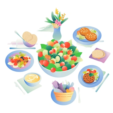 A dinner table is set with a vibrant array of plant-based dishes. In the center, there is a large bowl of fresh salad featuring mixed greens, cherry tomatoes, cucumbers, and avocados, all drizzled with a light vinaigrette. Surrounding the salad, there are several colorful plates filled with dishes such as roasted vegetables, quinoa, and lentil patties. A small bowl of hummus and a basket of whole-grain pita bread are placed to one side. The table is adorned with cloth napkins and a centerpiece of seasonal flowers in a simple vase. Soft lighting casts a warm glow over the scene, enhancing the inviting atmosphere of the meal.
