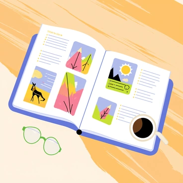 An open guidebook placed on a wooden table. The pages are filled with colorful images of various illustrations, including animals, landscapes, and abstract designs. There is text beside each image with tips written in a clear font. The guidebook has a bright, eye-catching cover featuring the title "Tips for Buying Illustrations" in bold letters. A pair of reading glasses sits next to the guidebook, and a cup of coffee is positioned nearby, adding to the inviting atmosphere.