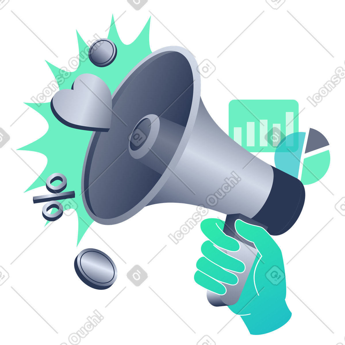 Ilustraci&oacute;n Hand holding megaphone surrounded by marketing icons, Online promotion or advertising en estilo Lucent a descargar en PNG y SVG
