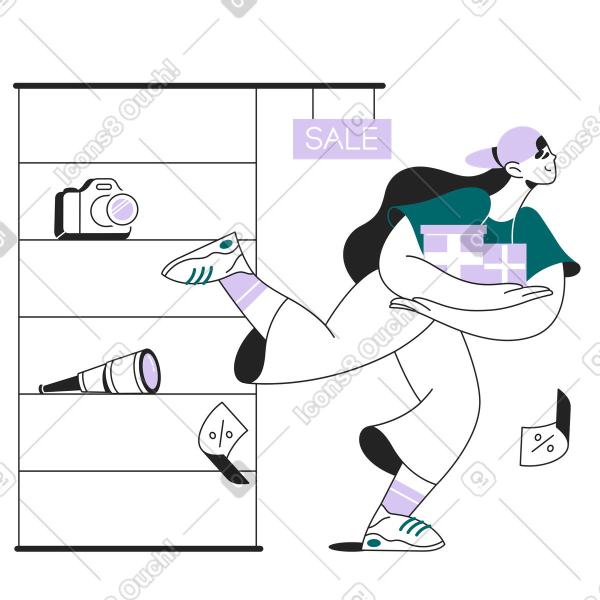 Ilustración Mujer comprando productos electrónicos a la venta en estilo Sammy Line descargar en PNG y SVG