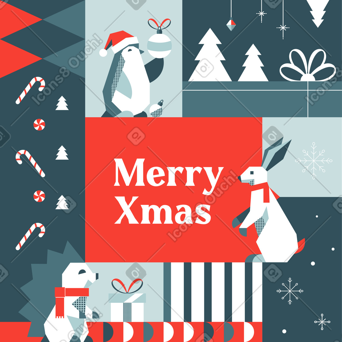 Ilustração de Cartão postal com um pinguim, coelho e ouriço em no estilo Nordic para baixar em PNG, SVG