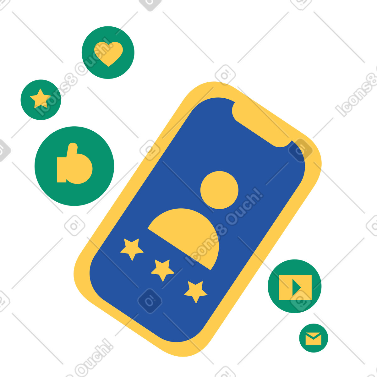 Spot 스타일의 Phone with user profile and reactions, Social network feedback interaction 일러스트레이션 PNG, SVG 다운로드