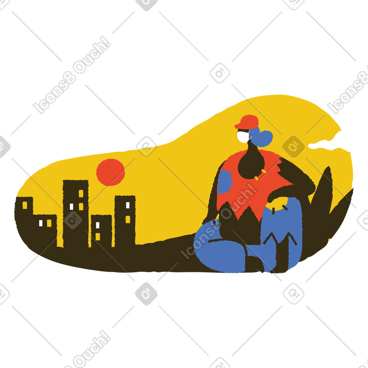 Ilustración Puesta de sol la ciudad en tiempo distancia social estilo Bermuda a descargar PNG y SVG