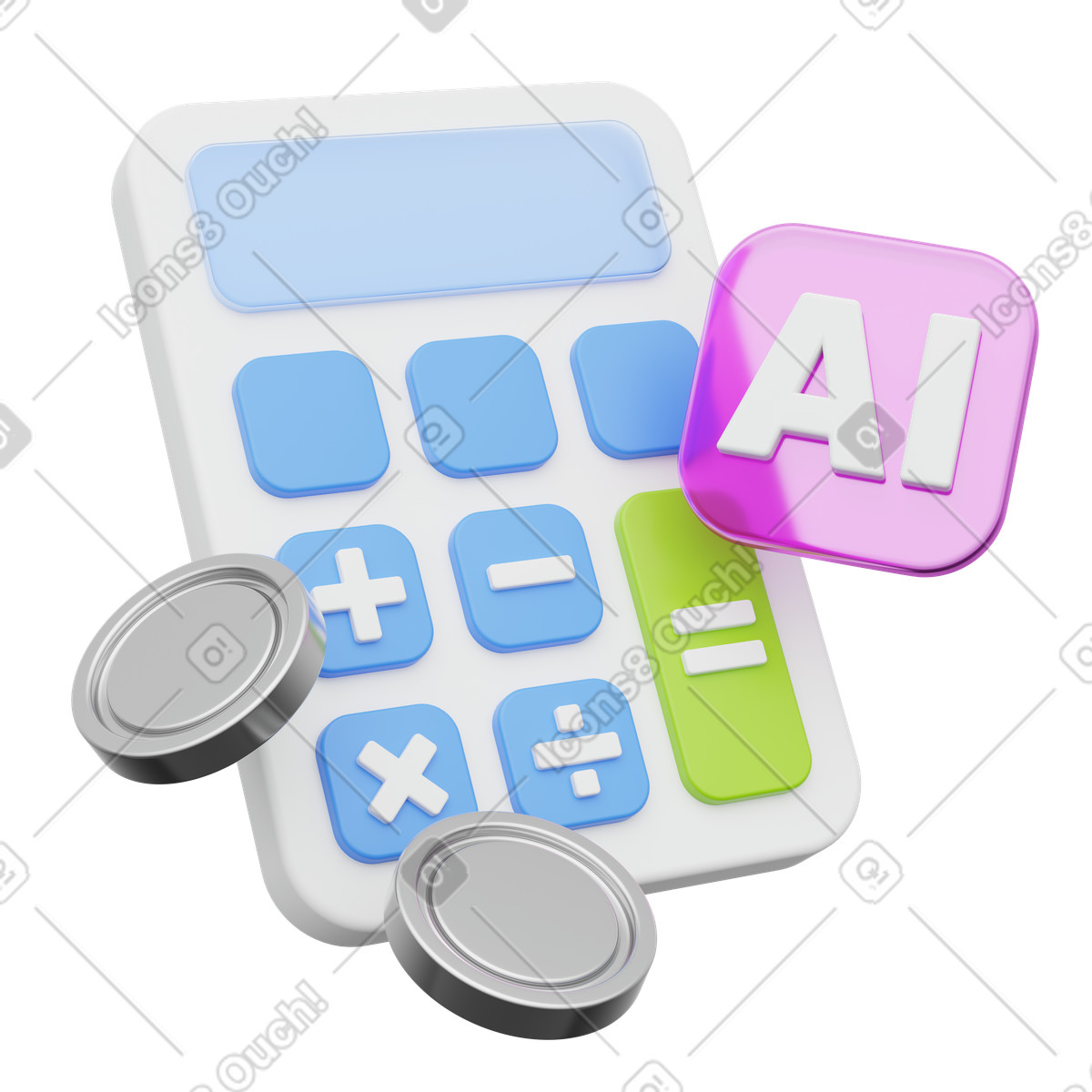 Calculator with AI symbol and coins, Financial automation, Smart budgeting illustration in PNG, SVG