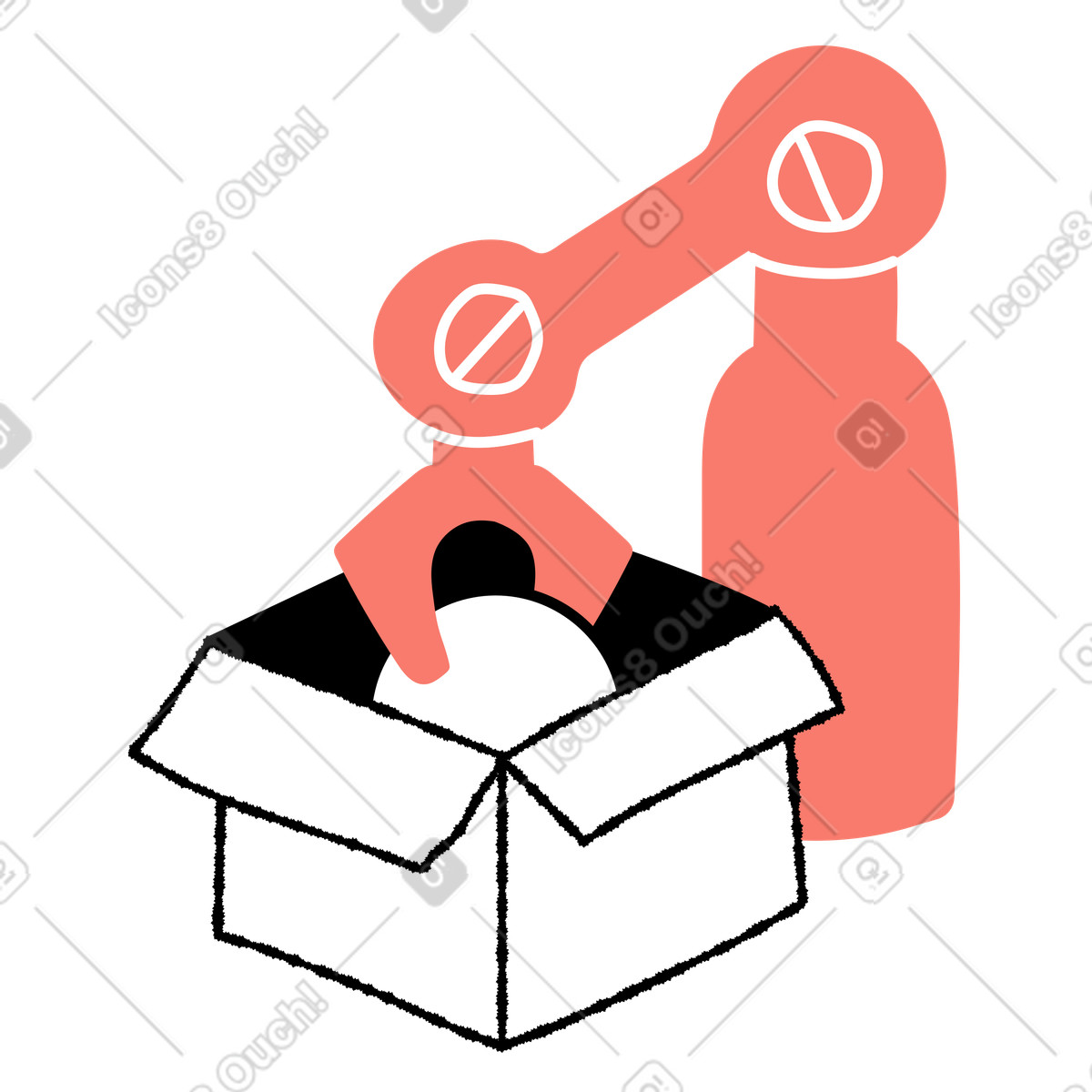 Robot arm packing product into open cardboard shipping box-Illustration im Bold People-Stil als Download in PNG, SVG