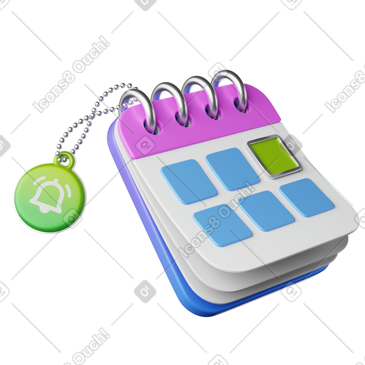 Illustration Calendar planner with spiral binding and notification bell charm tag dans le style 3D Plastic à télécharger aux formats PNG, SVG