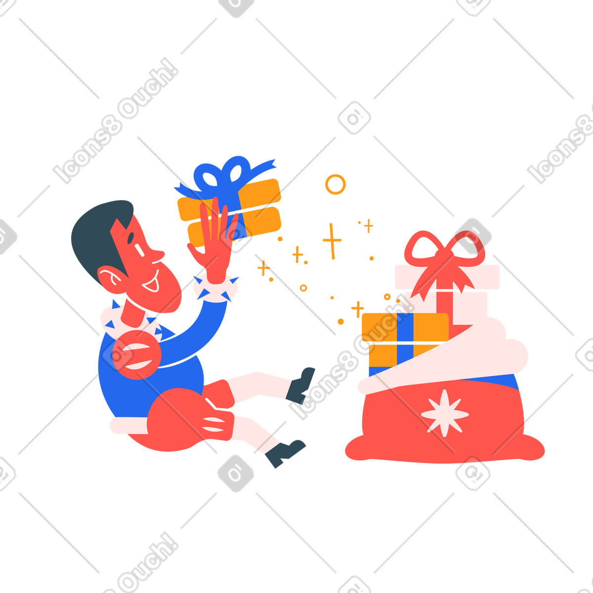 Mann bekommt geschenke zu weihnachten-Illustration im Kingdom-Stil als Download in PNG, SVG