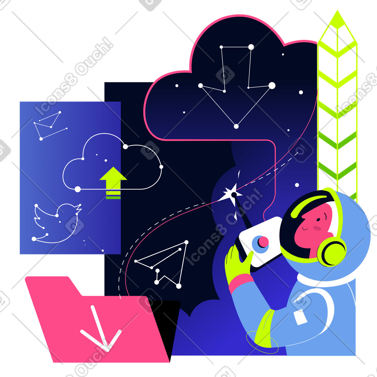 L'astronauta con un telecomando guarda le icone dei social network che volano fuori da una cartella illustrazione in stile Space scarica in PNG, SVG