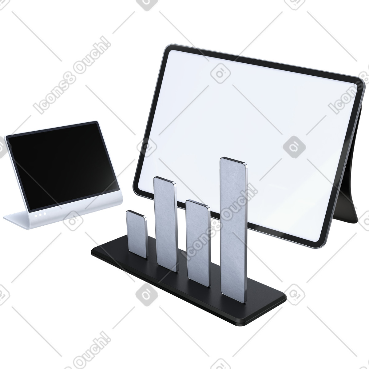 Workspace setup with bar graph model and screens, performance tracking and data analysis illustration in PNG, SVG