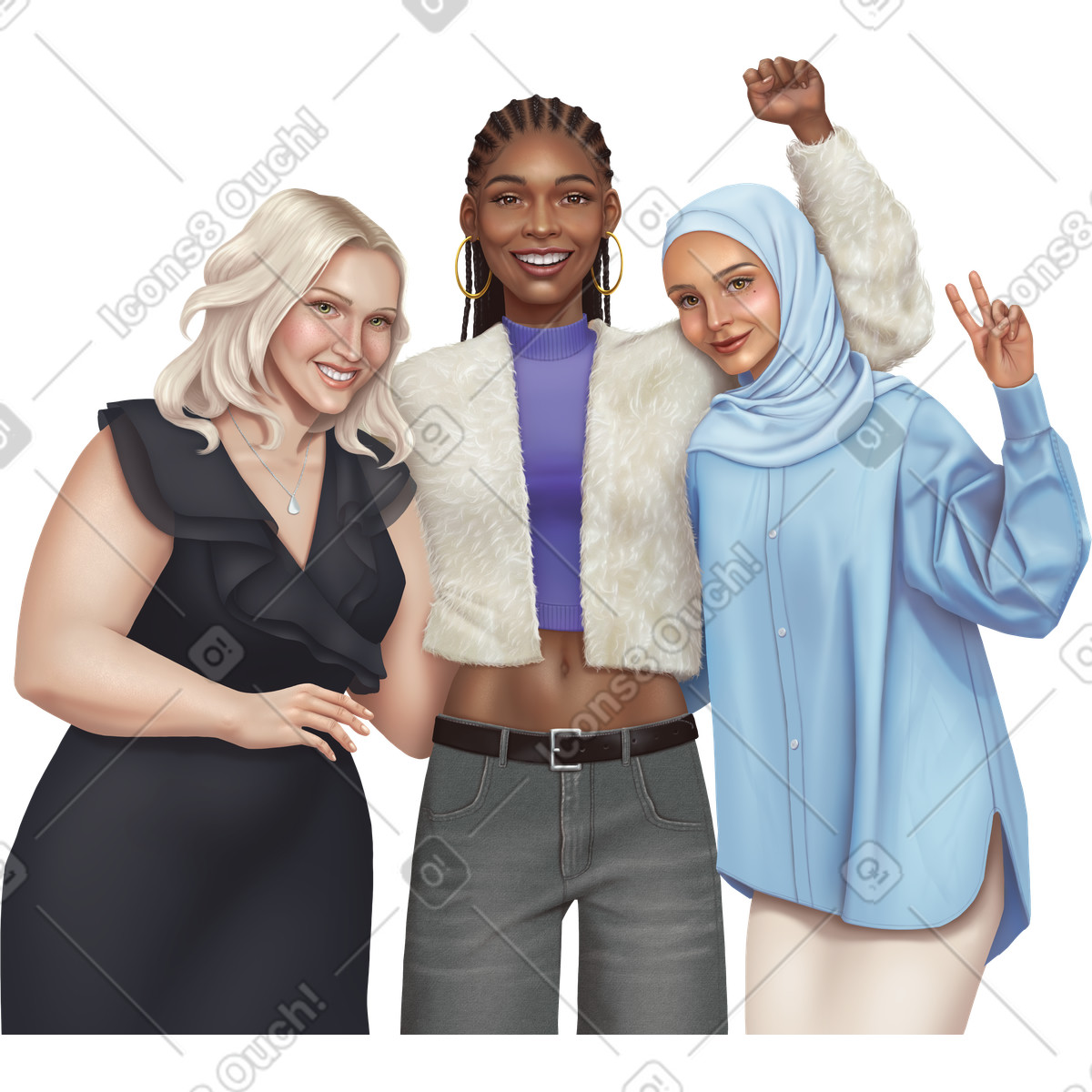 Three women smiling and hugging illustration in Props style download in PNG, SVG