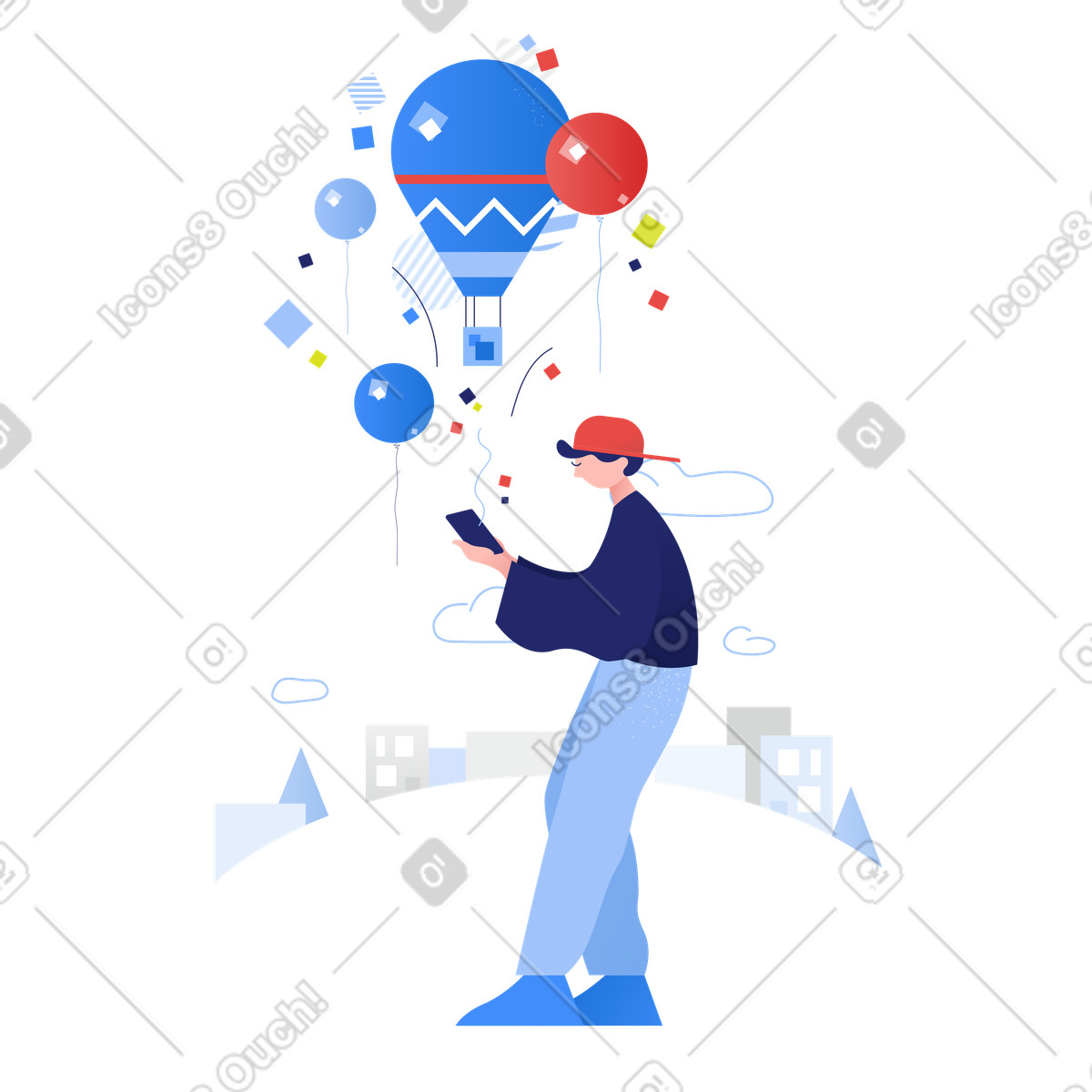 Ilustración Turista con teléfono inteligente durante el festival de globos aerostáticos en estilo Clip a descargar en PNG y SVG