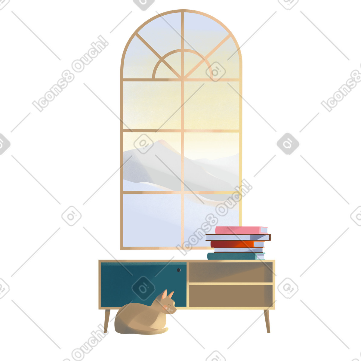 Illustration Cabinet with books near the window dans le style Shine à télécharger aux formats PNG, SVG