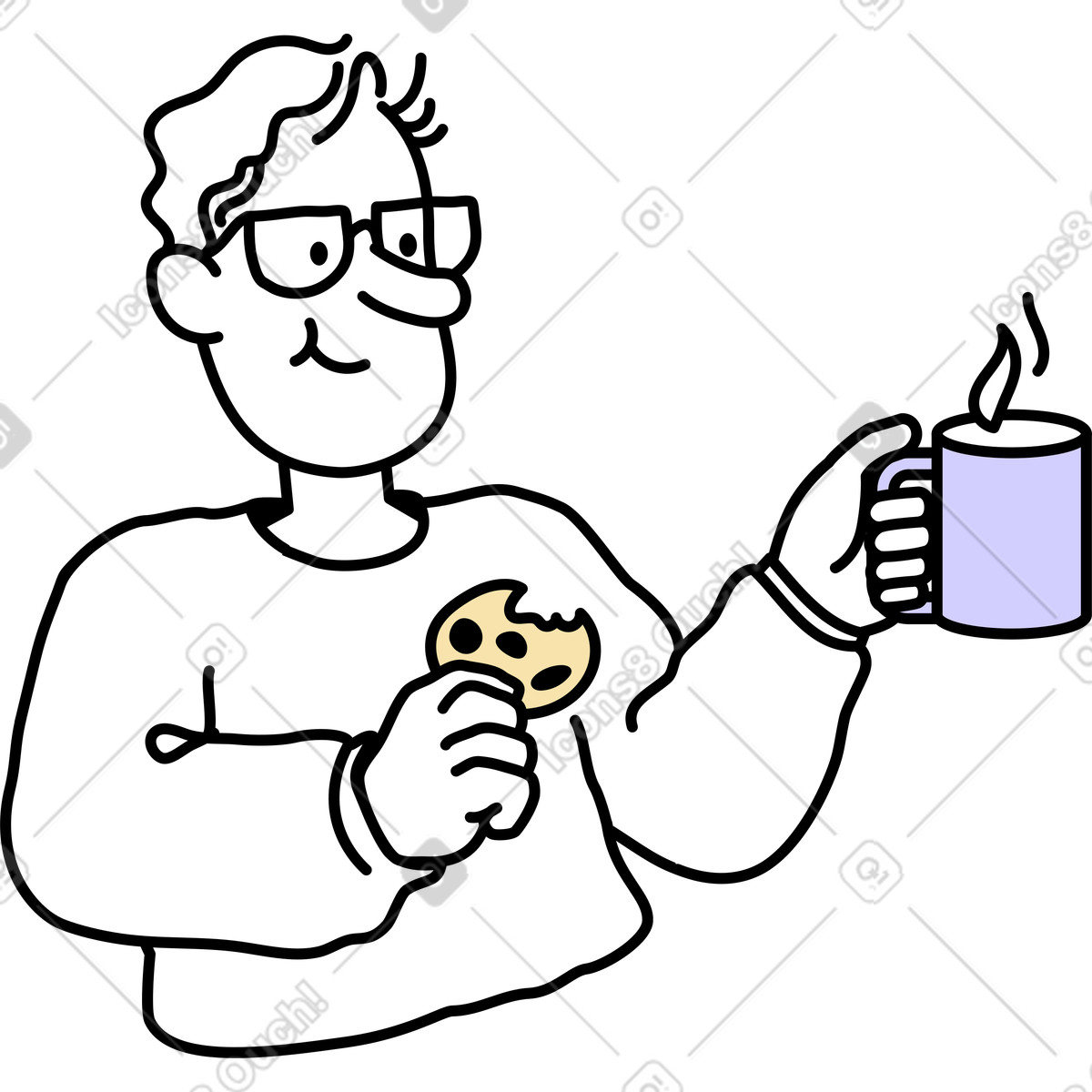 Illustration Homme mangeant un biscuit avec une boisson chaude dans le style Notes à télécharger aux formats PNG, SVG