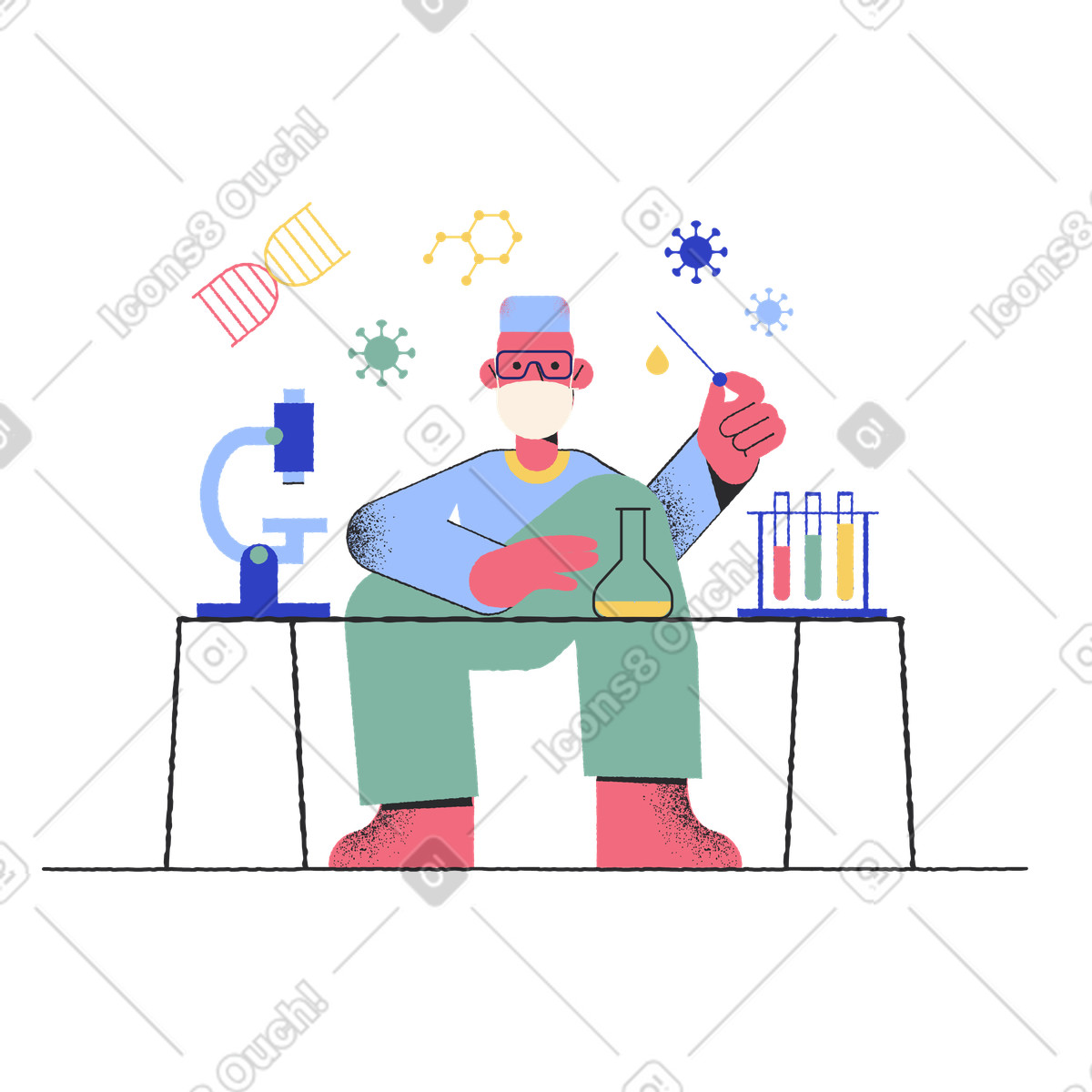 Scienziato che crea un vaccino in laboratorio chimico illustrazione stile Pablo scarica PNG, SVG