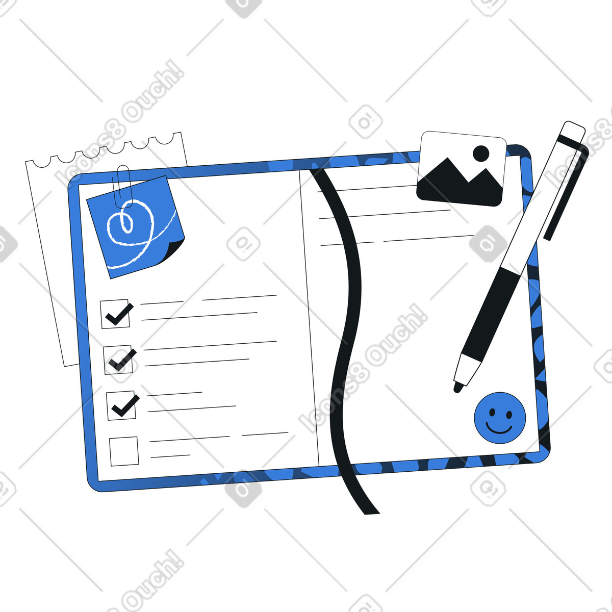 Notebook with checklist and reminders, daily tasks and personal productivity illustration in Midnight style download in PNG, SVG