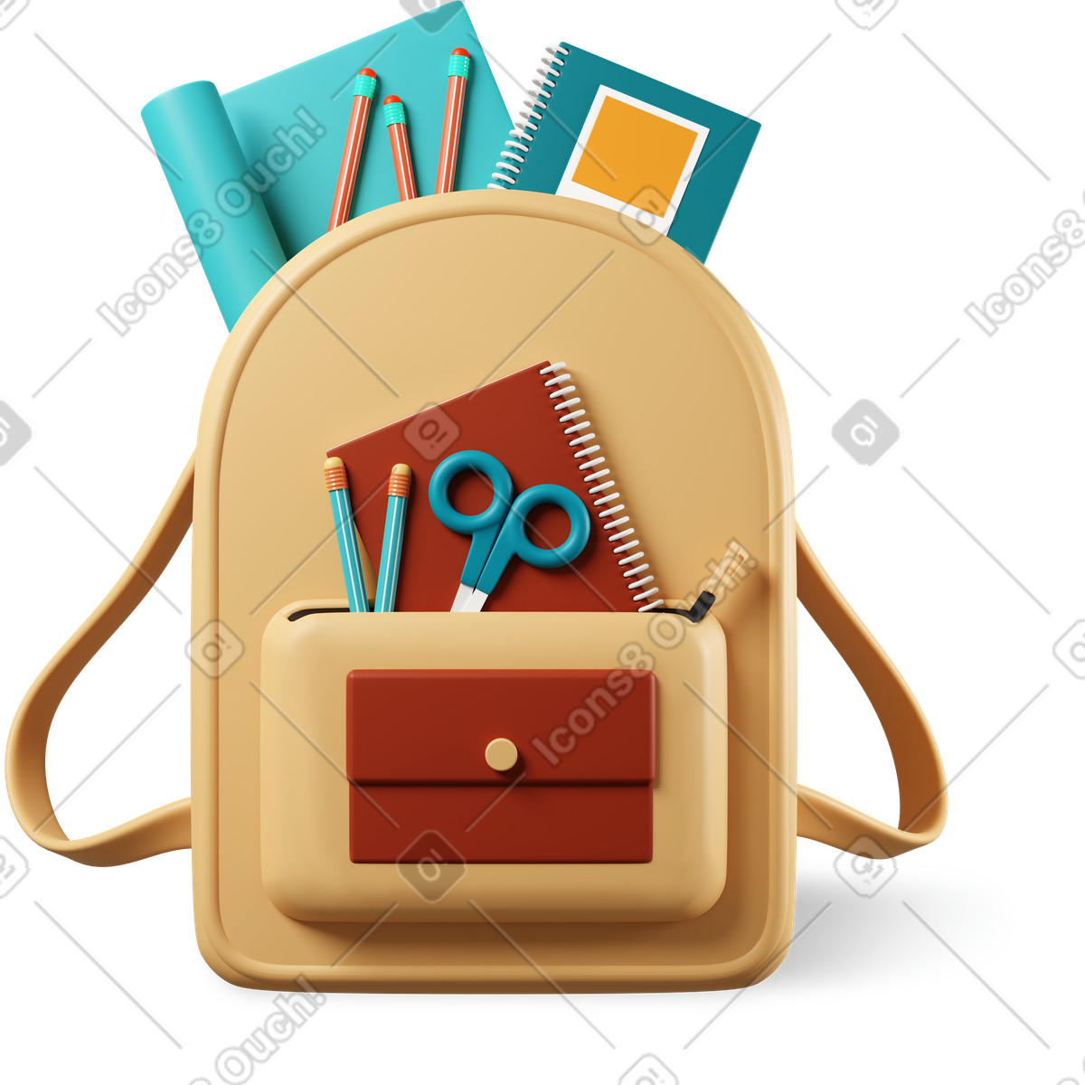 Zaino scolastico con articoli di cancelleria illustrazione in stile 3D Plastic people scarica in PNG, SVG