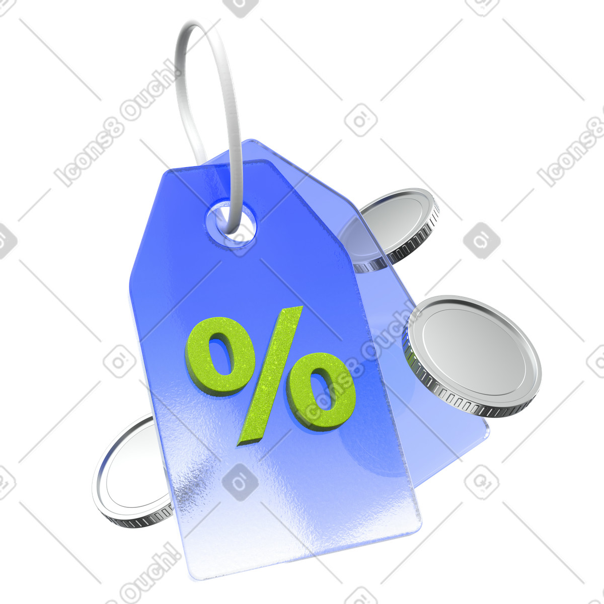 Discount price tag, Blue transparent label with coins, Sale percentage illustration in 3D Enterprise style download in PNG, SVG