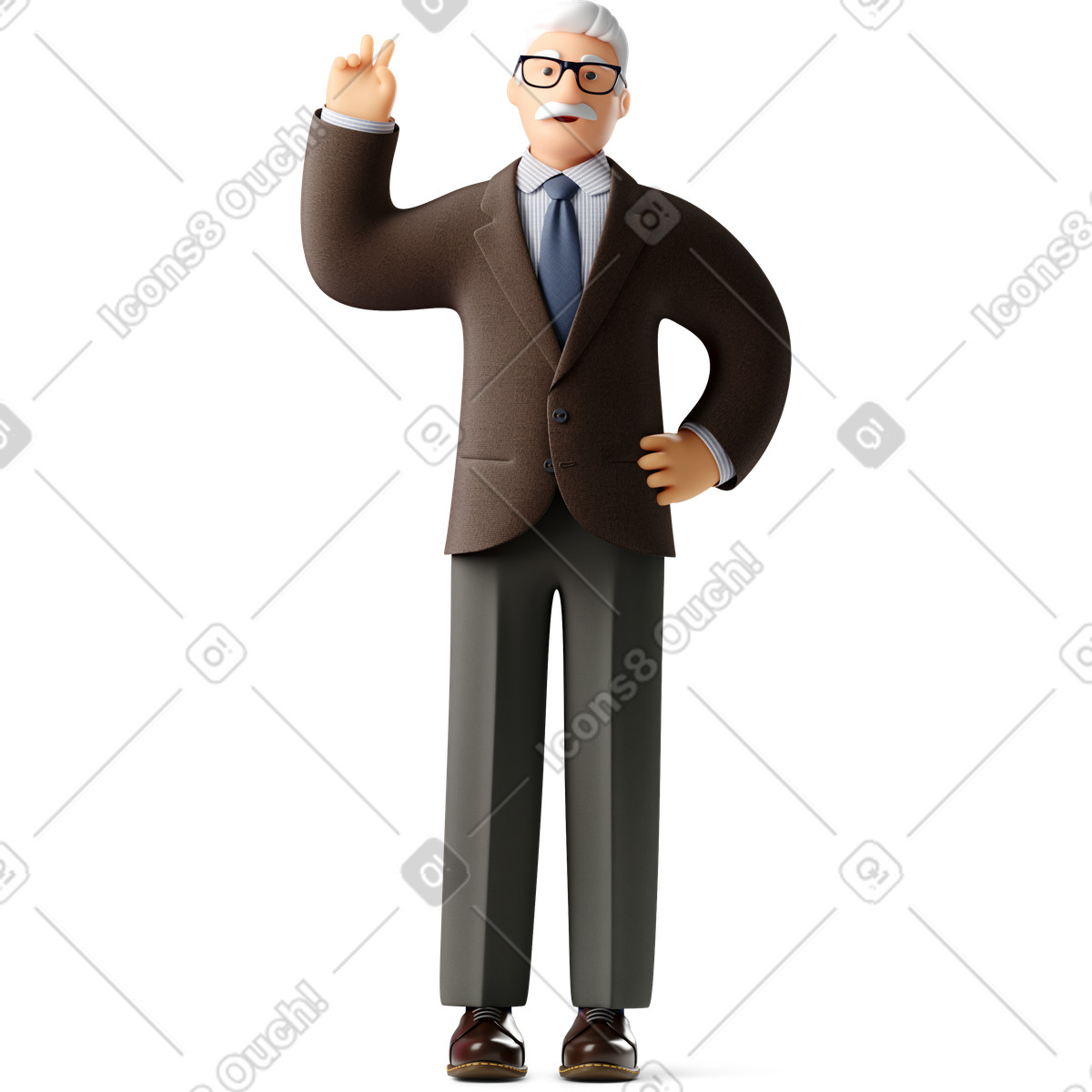 Illustration Vieil homme d'affaires en costume classique et lunettes montrant le signe v dans style 3D Business à télécharger aux formats PNG, SVG