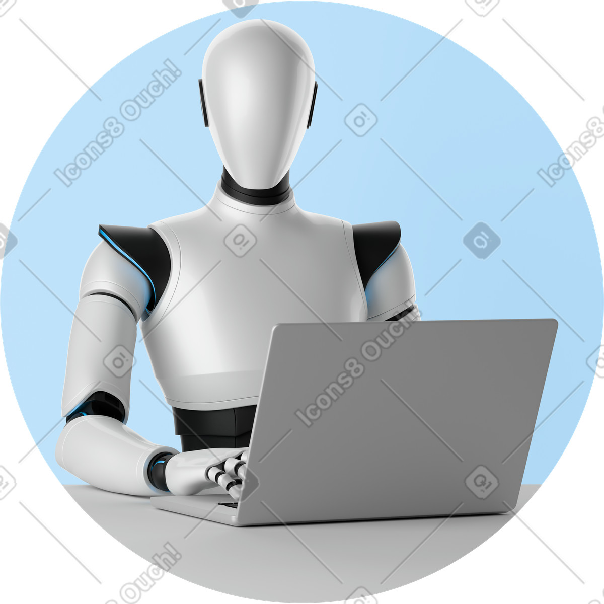 Ilustração de AI robot working at laptop em no estilo 3D Business para baixar em PNG, SVG