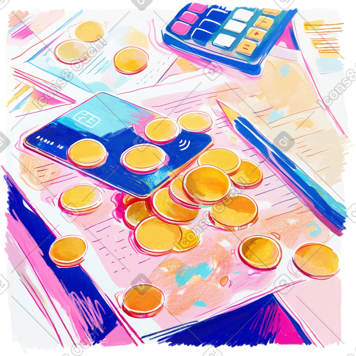 Illustration Carte de crédit, pièces monnaie et calculatrice sur un bureau dans le style Fuchsia à télécharger aux formats PNG, SVG